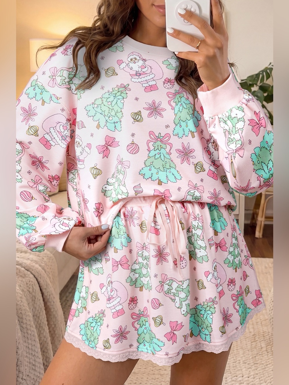 Floral Print Lace Trim Long Sleeve Top and Skirt Set - Picture 3 of 15